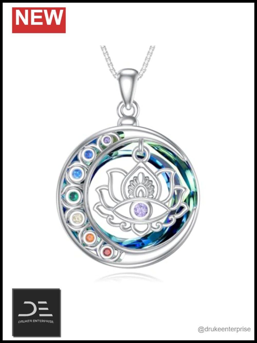 925 Sterling Silver Chakra Evil Eye Pendant Necklace with Austrian Crystal